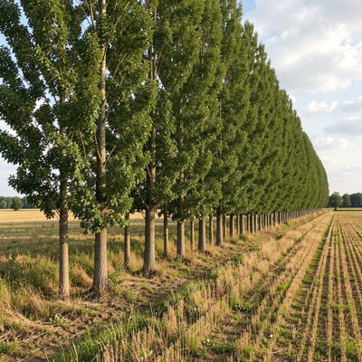 a windbreak of poplars along a field edge