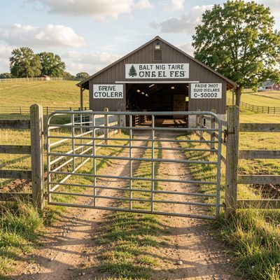 a farm entrance with a cattle grid