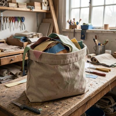 a bag of fabric offcuts in a workroom