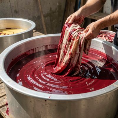 a dye vat with fabric being lifted out