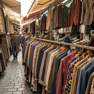 a rail of vintage clothing in a market