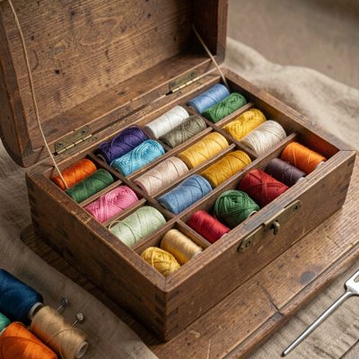 a sewing box with threads in many colours