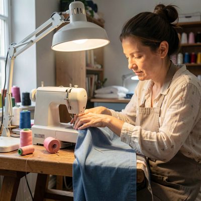 a seamstress at work under a task light