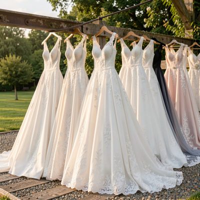 a rail of wedding dresses in covers