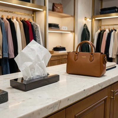 a boutique counter with tissue and a bag