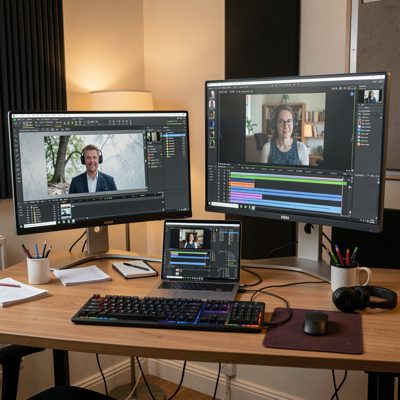 an editing suite with two monitors and a timeline