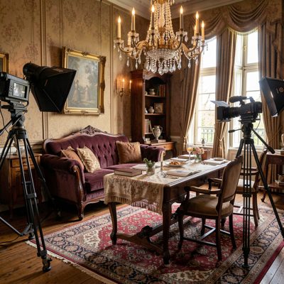 a film set with a period dressed room