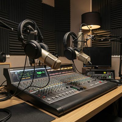 a podcast studio with microphones and headphones