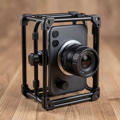 a smartphone mounted in a cage rig with an external lens attached