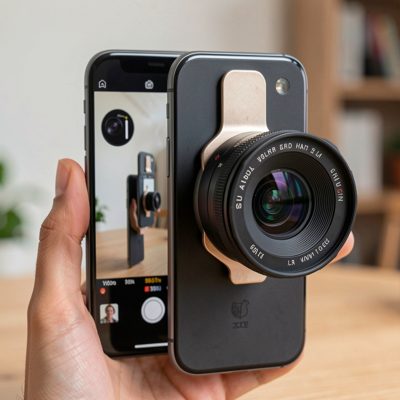 an anamorphic lens clipped onto a smartphone camera