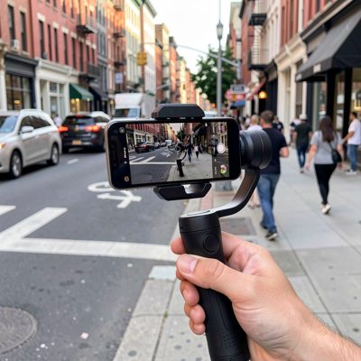 a smartphone on a handheld gimbal being used to film a street