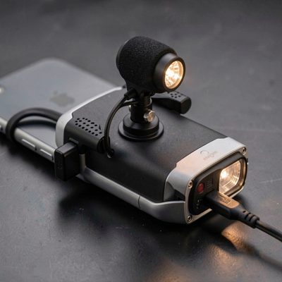a smartphone rig with an external microphone and small led light