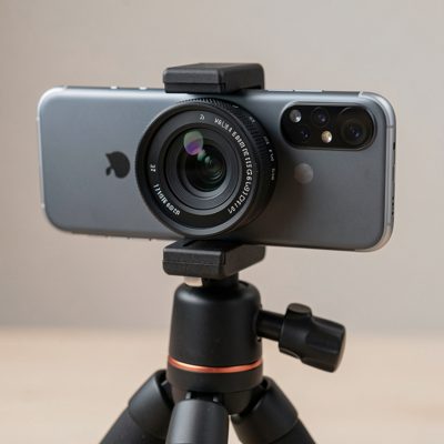 a smartphone clamped to a tripod with a follow focus on its lens