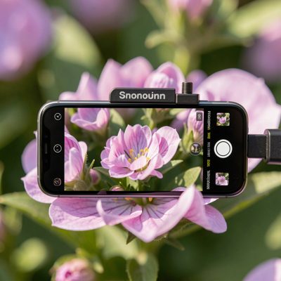 a phone filming through a clip on macro lens close to a flower