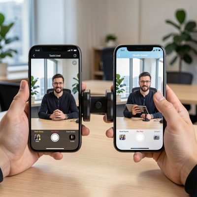 two smartphones on a dual mount filming an interview