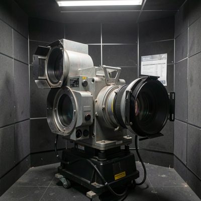 a large format cinema projector in a projection booth