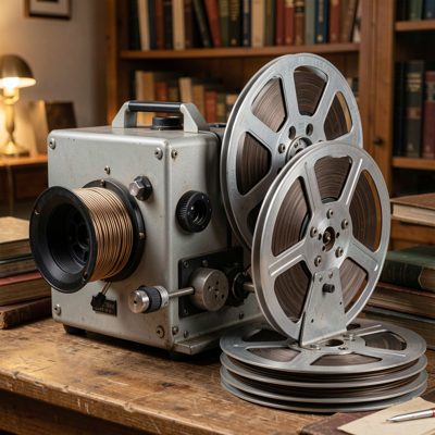a 70mm film projector with horizontal platters beside it