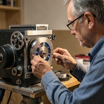 a projectionist threading film through a projector gate