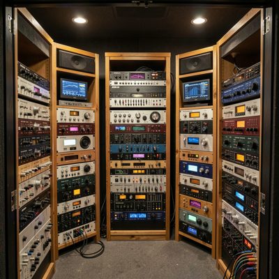a projection booth with racks of audio processors