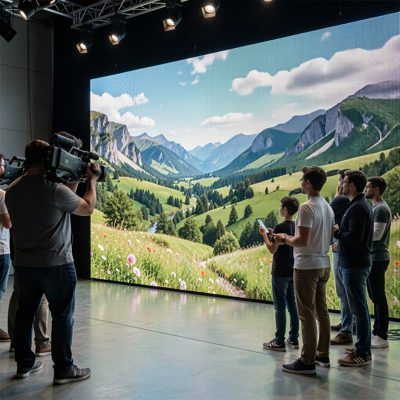 an led volume wall displaying a landscape behind actors