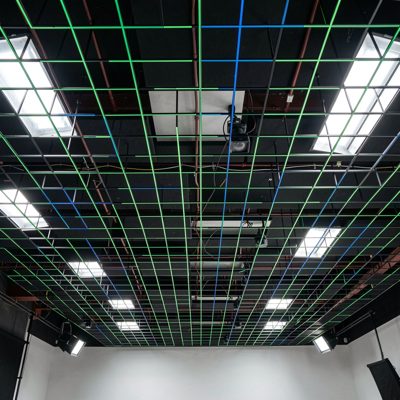 a camera tracking marker grid on a studio ceiling