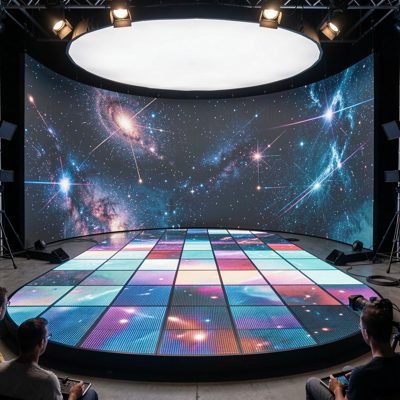a virtual production stage with an led floor and curved wall