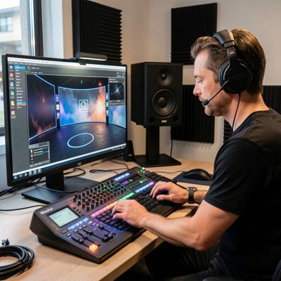 an operator adjusting a virtual set on a workstation beside the volume