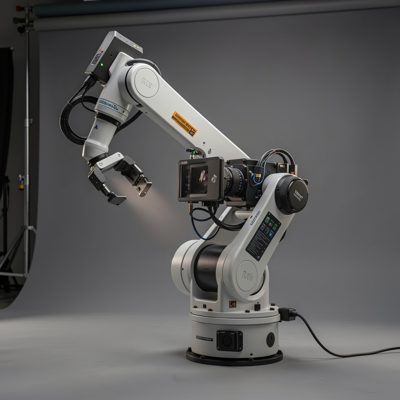 a robotic camera arm moving through a studio