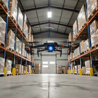 an fpv drone flying low through a warehouse set