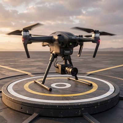 a cinema drone with a gimbal camera on a landing pad