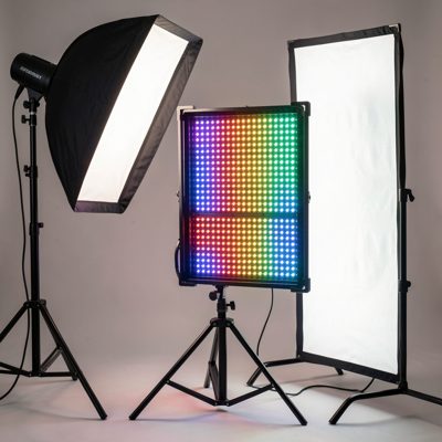 a bicolour led panel with a softbox on a c stand