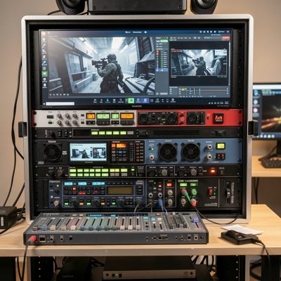 a multicamera streaming rack with a vision mixer and encoders