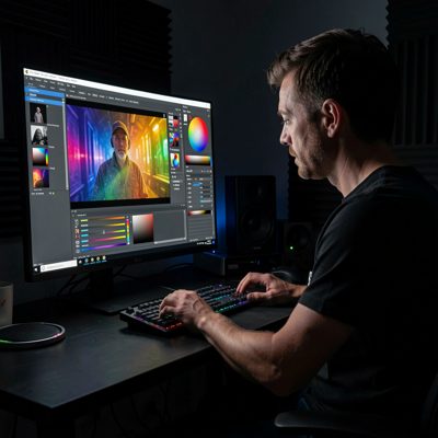 a colourist working with a calibrated monitor in a dark room