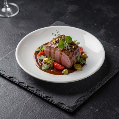 a plated fine dining dish on a dark slate surface