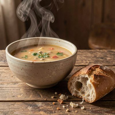 a steaming bowl of soup beside a torn bread roll