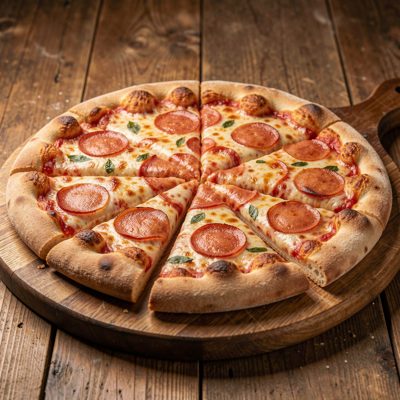 a pizza cut into slices on a wooden peel