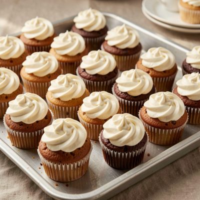 a tray of iced cupcakes with piped frosting