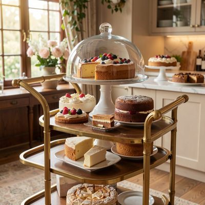 a dessert trolley with cakes under a glass dome