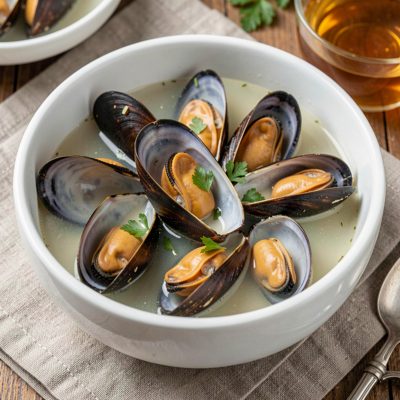 a bowl of mussels in a white wine broth