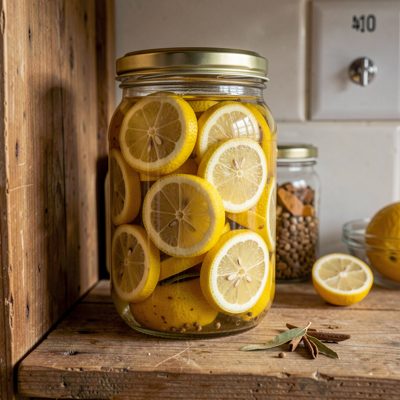 a jar of preserved lemons on a kitchen shelf