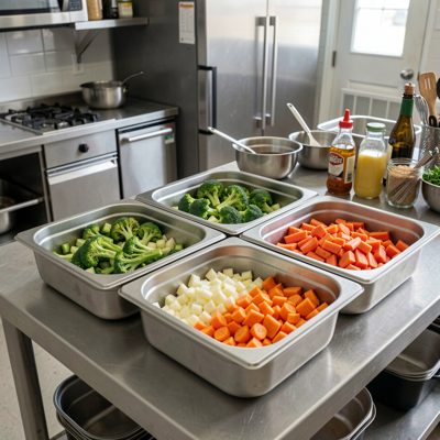 a kitchen prep station with chopped vegetables in trays
