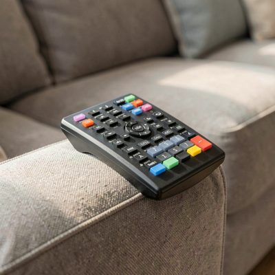 a controller resting on a sofa arm