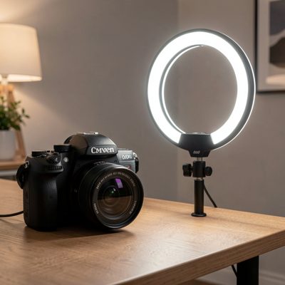a streaming setup with a camera and ring light