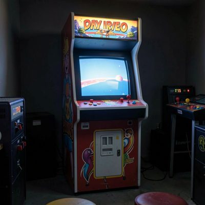a retro arcade cabinet lit in a dark room