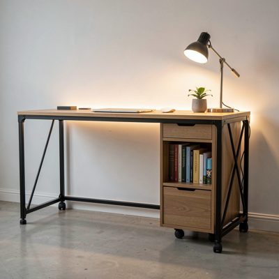 a cable managed desk with lights behind