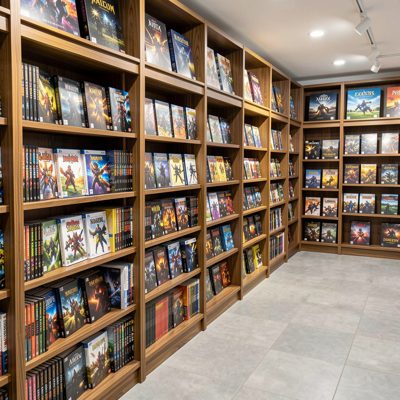 a games shop with shelves of titles