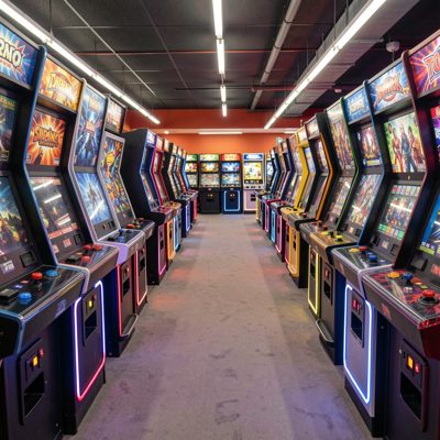 an arcade with rows of machines
