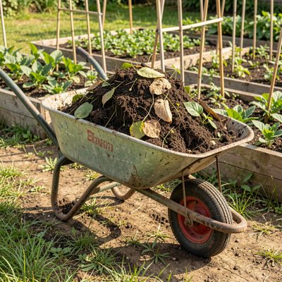 a wheelbarrow of compost beside a bed