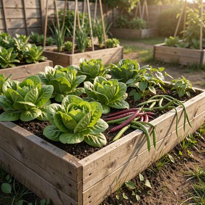 a raised vegetable bed with lettuce and beans