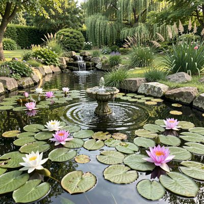 a pond with lilies and a small fountain